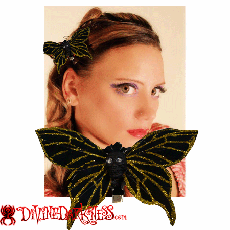 Skull Butterfly Gold Glitter Haarclip - Divine-Darkness